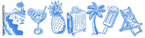 Set of summer vacation hand drawn style icons. Summer holiday and  tourism