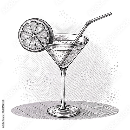 Retro Martini Cocktail Sketch - Black & White Bar Drink Illustration