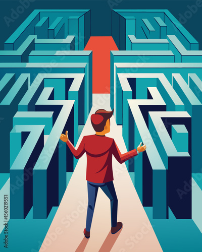A person walks through a mazelike hall each turn filled with gaslighting messages and manipulative illusions meant to confuse and disorient.. Vector illustration