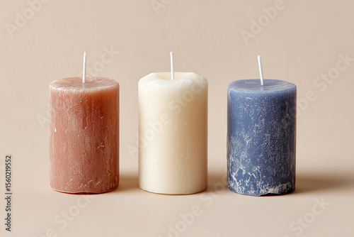 three unlit candles in red, white, and blue in a row