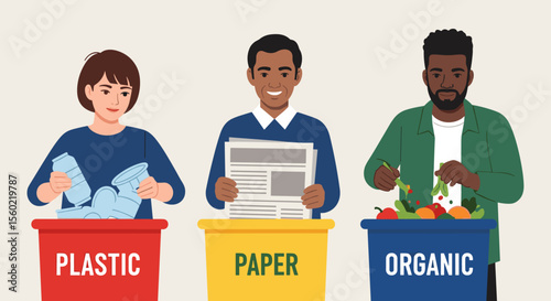 Flat vector of diverse people holding recycling bins, reusable bottles, and compostable packaging