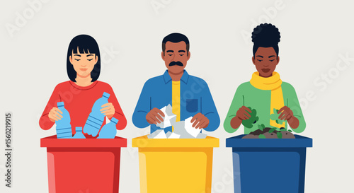Flat vector of diverse people holding recycling bins, reusable bottles, and compostable packaging