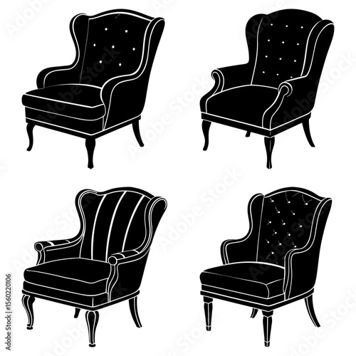 Collection of four different wingback chairs in black and white silhouette style for interior design