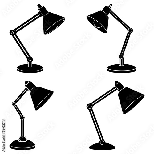 Four black desk lamps with adjustable arms and cone shaped shades in different positions are displayed