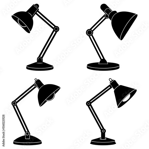 Four black desk lamps with adjustable arms and round bases arranged on a white background in a pattern