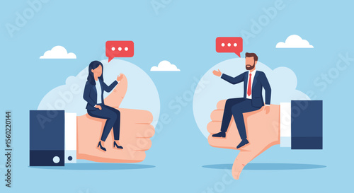 Business Feedback Concept with Thumbs Up and Down Communication Between Man and Woman in Flat Vector Style