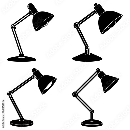Four black desk lamps with adjustable arms and cone shaped shades in a repeating pattern design element