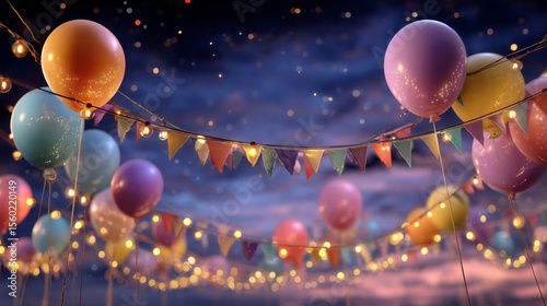 Night Party Celebration with Floating Balloons