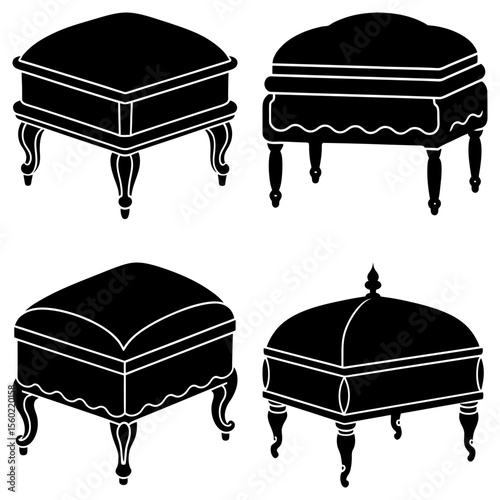Four ottoman silhouettes showcasing various designs with curved legs and cushioned tops in black and white