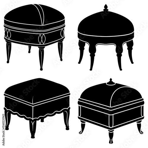 Four black and white silhouette renderings of various styles of upholstered ottoman furniture pieces shown