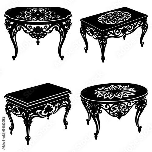 Four ornate black tables with decorative carvings and unique tabletop designs are displayed here nicely
