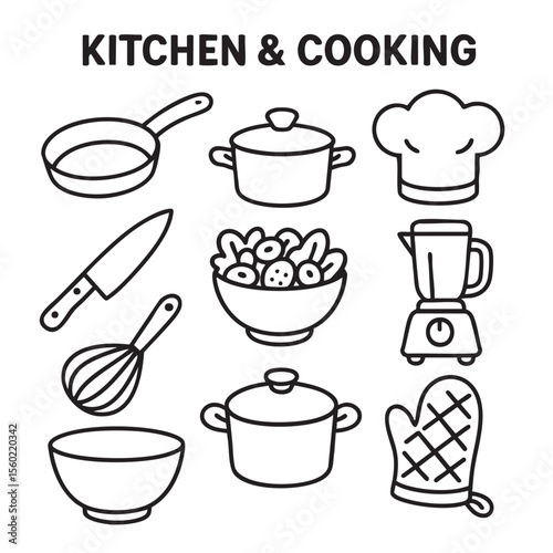 Kitchen and cooking icons including utensils and appliances for culinary activities