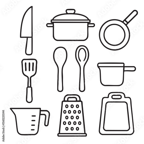 Cooking tools, kitchen utensils, and cookware icons arranged grid, showcasing essential items