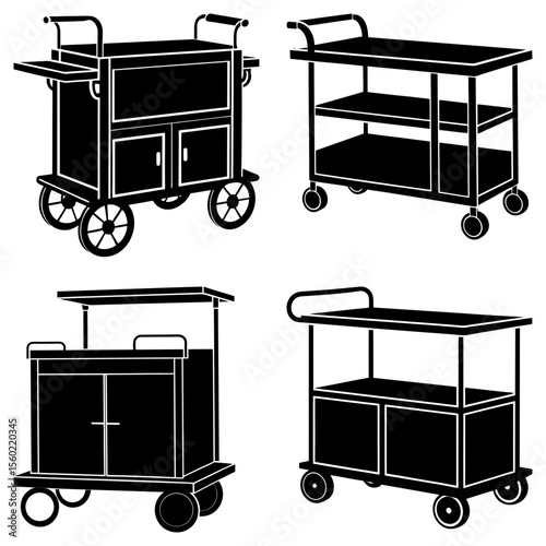 Four different styles of serving carts in black silhouette with wheels and handles displayed