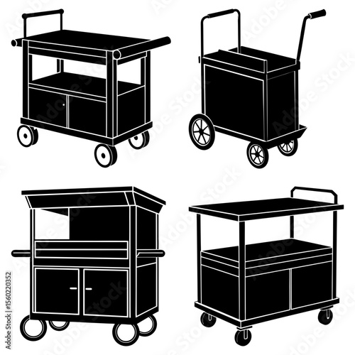 Illustration showing four different styles of service carts with handles and wheels in black and white
