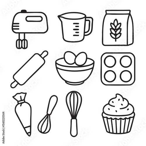 Baking tools and ingredients icons including mixer, measuring cup, flour bag, and cupcake