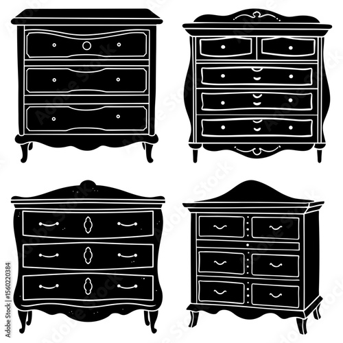 Illustration showing four different antique chest of drawers with various drawer configurations and styles
