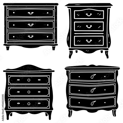 Four black and white chest of drawers with different shapes and drawer handle styles are displayed here