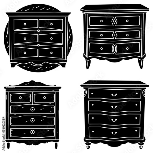 Four black and white vintage dresser illustrations with different drawer configurations and styles of furniture