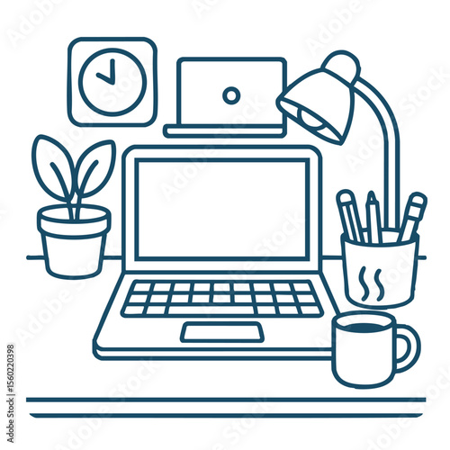 Modern workspace featuring laptop, clock, lamp, plant, and coffee cup, creating productive