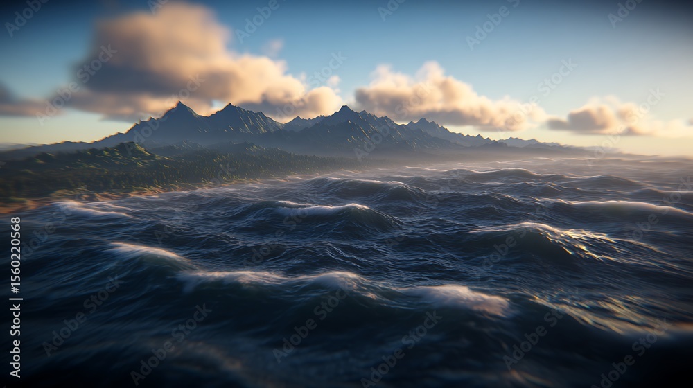 Fototapeta premium Misty mountain range over turbulent ocean