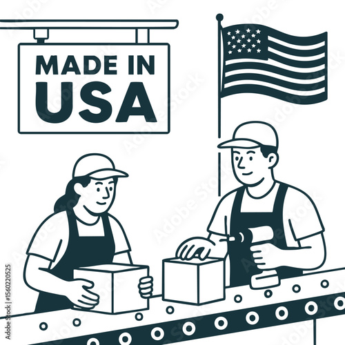 Workers packaging products in factory with sign indicating made in USA