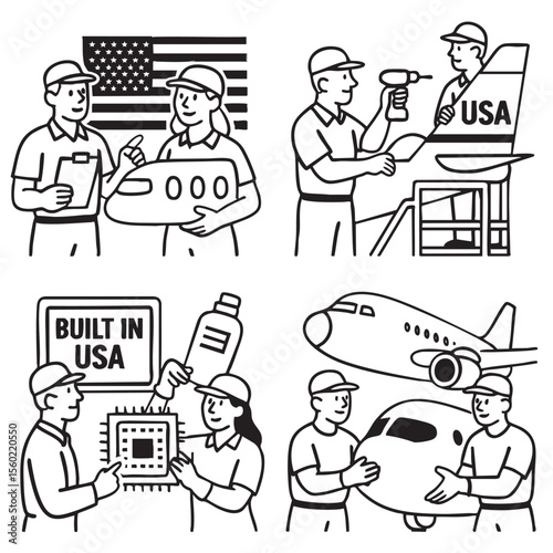 USA flag airplane workers manufacturing teamwork aviation assembly technology