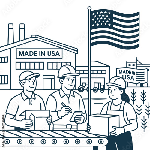 Workers in factory with flag, showcasing American manufacturing pride