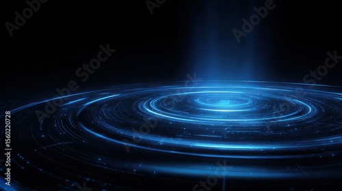 Futuristic 3D hologram projector with blue laser rings and glowing effects, abstract black background, tech style.