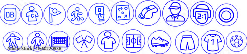 A collection of blue line icons featuring futsal elements such as players, pitch, referee, jersey, scoreboard and whistle. Ideal for apps, infographics and sports media.