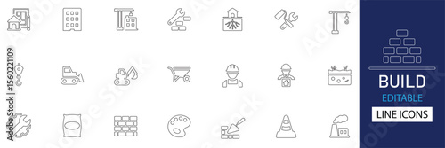 Build best line icon set collection. Modern editable construction, themed line icons perfect for architecture, renovation, engineering, tools, and builder, related projects. Vector illustration.