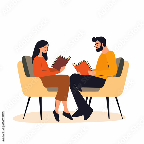 Couple sitting opposite each other on armchairs reading books together flat minimalist vector illustration of relaxing leisure activity and shared hobby concept