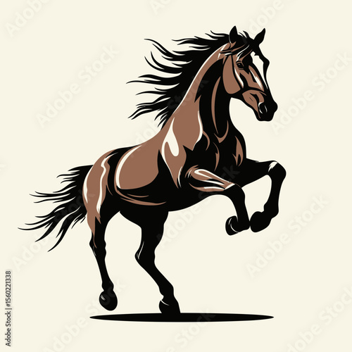 Dynamic brown horse rearing with flowing mane and tail in bold minimalist vector design isolated on light background for equestrian or wildlife themes