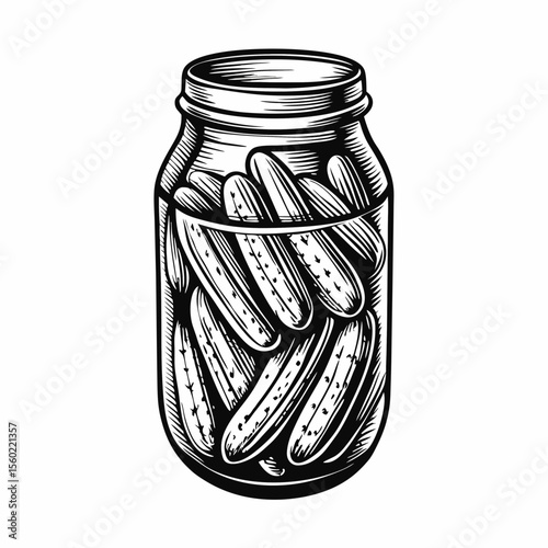 Jar of Pickles in Black and White Illustrative Style for Food Blogs, Recipe Websites, Culinary Education, and Kitchen Decor Concepts  