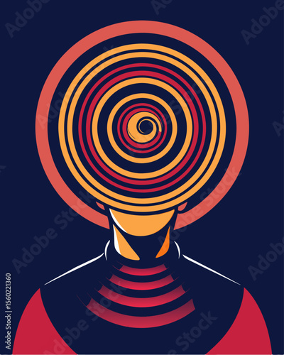 A person with their head illuminated by a hypnotic spiral lost in a state of trance and unable to break free.. Vector illustration