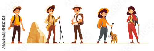 Young male and female hikers with backpacks and hats standing with walking sticks and rock, outdoor adventure explorers in flat minimalist vector style