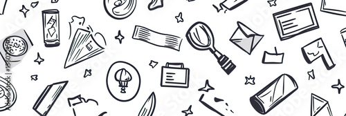 Seamless pattern of various office and business doodle icons including magnifying glass, envelope, file folder, ticket, and awards in hand drawn outline style on white background