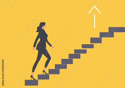 Businesswoman climbing stairs with upward arrow symbolizing career growth, ambition, goal achievement, and professional success in flat minimalist style vector illustration