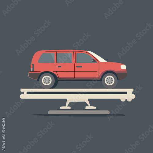 Red SUV car on automotive lift in garage workshop vehicle maintenance and repair service concept flat vector illustration