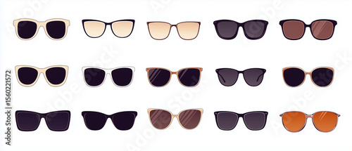 Fifteen realistic vector sunglasses and eyeglasses, showcasing various modern styles and frame colors, ideal for fashion, summer, optical, and eye care-related graphic design projects

