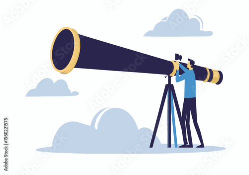 Businessman looking through oversized telescope standing on flat ground with clouds in background for future vision and long term planning concept