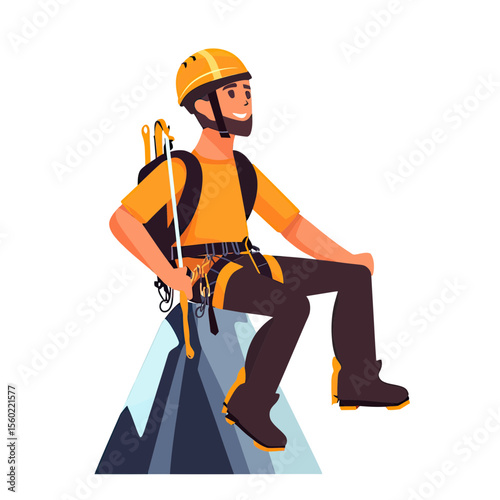 Smiling male mountain climber wearing helmet harness sitting on snowy peak with climbing equipment in flat vector style