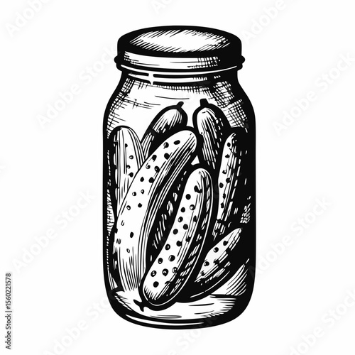 Vintage Jar of Pickled Cucumbers in Black and White Style for Food Blogs, Culinary Websites, Preserving Articles, and Cooking Education Resources  