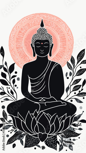 Silhouette of meditating Buddha seated on lotus flower with intricate circular mandala and surrounding nature inspired floral design in minimalist vector style