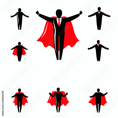 Set of black businessman icons with red superhero capes in various flying and triumphant poses symbolizing success, leadership, confidence, and empowerment in flat minimalist vector style