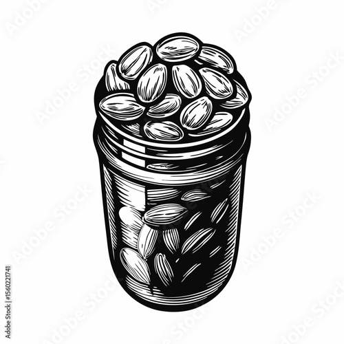 Jar of Almonds Featuring Detailed Illustrative Style for Food Blogs, Healthy Snack Websites, Nutrition Articles, and Culinary Content  