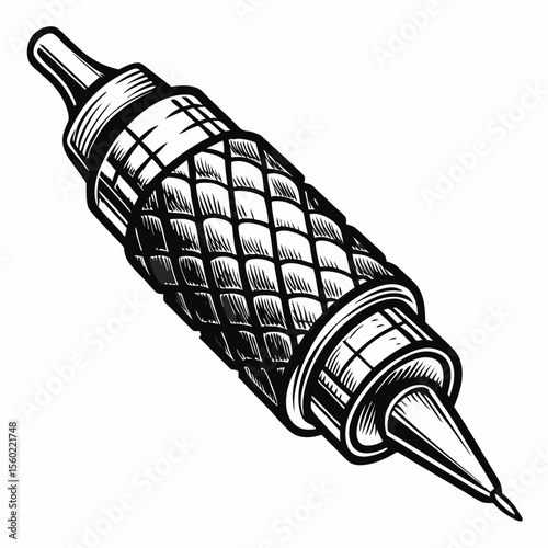 Tattoo Gun in Detailed Black and White Style for Tattoo Shops, Artist Portfolios, Creative Blogs, Body Art Websites, and Artistic Expressions  