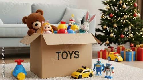 Cardboard box filled with children's toys for Christmas. Box overflowing with teddy bears, dolls, toy cars, and bunny. Festive Christmas toys ready for donation or a holiday video.