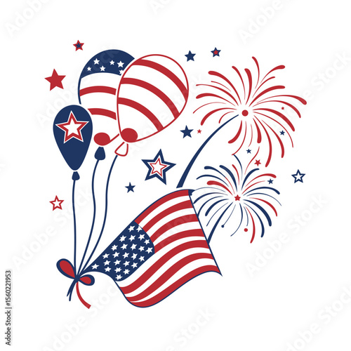 4th of July celebration design with American flag, balloons, and fireworks. USA Independence Day vector illustration.