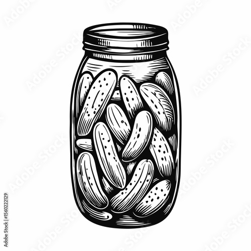 Jar of Pickles Filled with Fresh Cucumbers in Vintage Style for Food Blogs, Recipes, Culinary Websites, Product Labels, and Kitchen Decor Ideas  